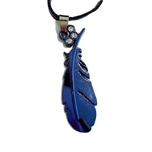 Purple Feather Rhinestone Metal Pendant Necklace on Long Fabric Chain Boho Blue